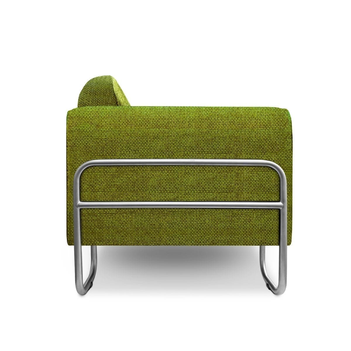 De bauhausen-stijl bank Dyker 30 in de stof Birkett apple van Designers Guild