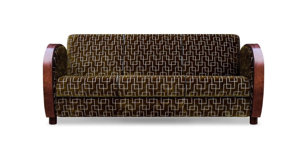 De art deco Rooker 02 bank in de geometrische stof Jeanneret moss