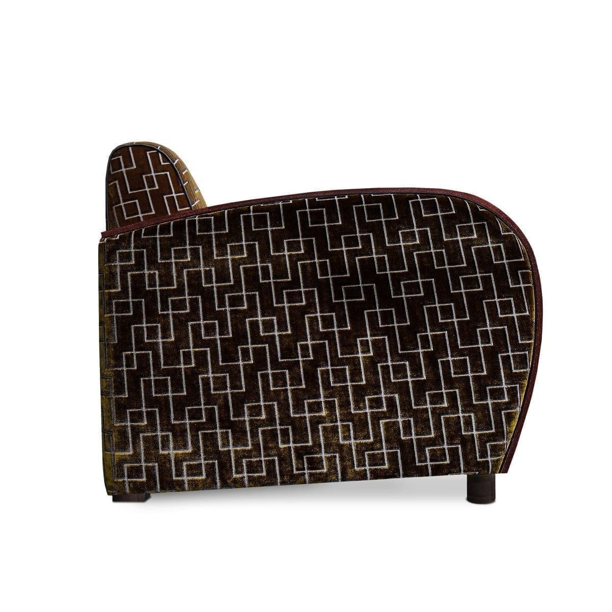 De art deco Rooker 02 bank in de geometrische stof Jeanneret moss