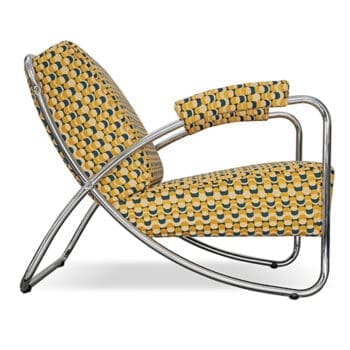 Fauteuil Dyker 20 van Dutch Seating Company met retro geel-blauw patroon en gebogen chromen buisframe.