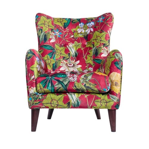 Moorfauteuil “Passiflora Rouge” – luxe oorfauteuil met actieve zit, stevige rugsteun en kleurrijk bloemenprintdessin